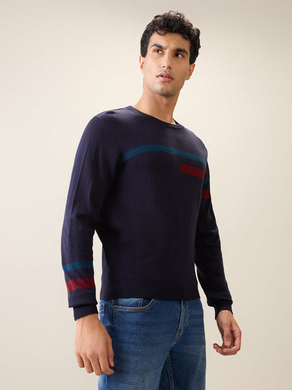 Raymond Men Black Stripe Acrlic Blend Full Sleeve Round Neck Collar Sweater