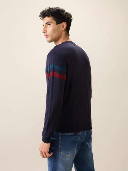 Raymond Men Black Stripe Acrlic Blend Full Sleeve Round Neck Collar Sweater