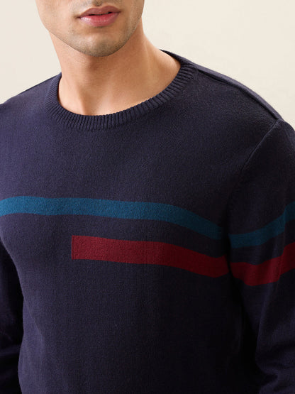 Raymond Men Black Stripe Acrlic Blend Full Sleeve Round Neck Collar Sweater