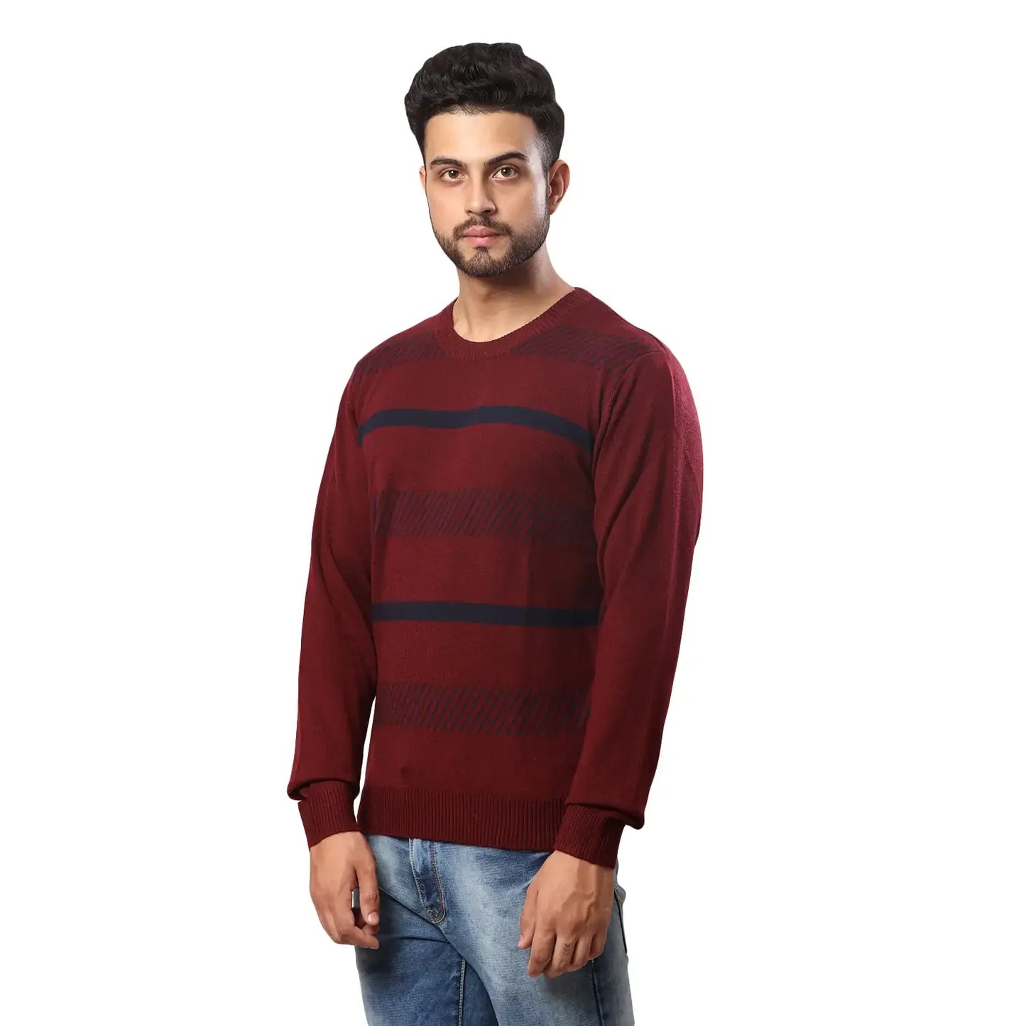 Men Maroon Stripe Acrylic Wool Blend Round Collar Sweaters