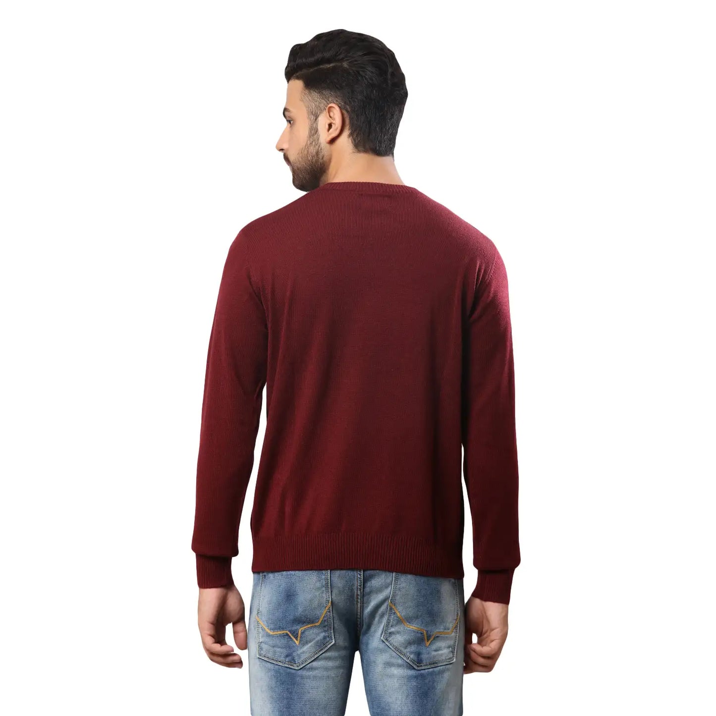 Men Maroon Stripe Acrylic Wool Blend Round Collar Sweaters