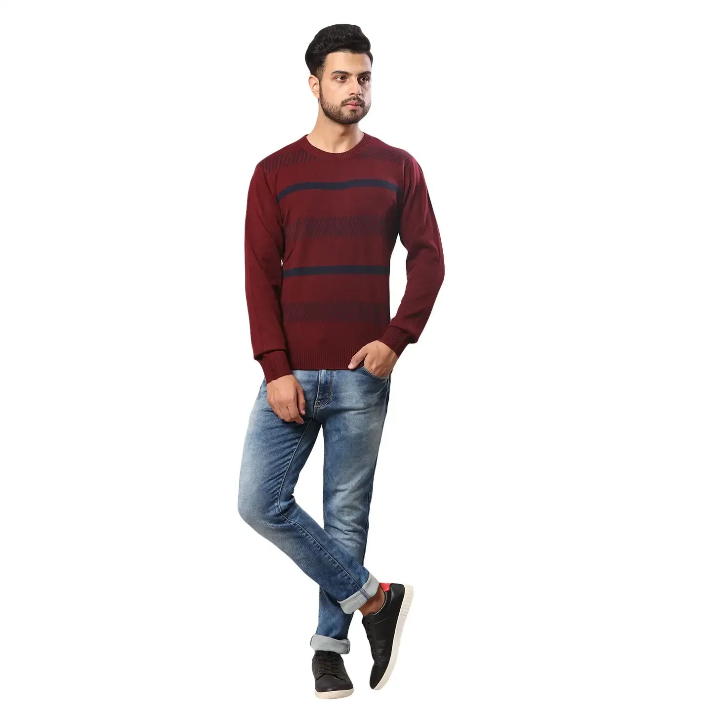 Men Maroon Stripe Acrylic Wool Blend Round Collar Sweaters