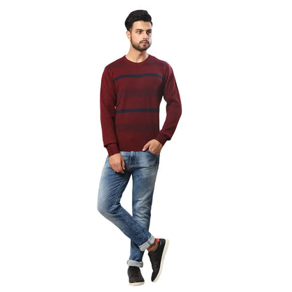 Men Maroon Stripe Acrylic Wool Blend Round Collar Sweaters