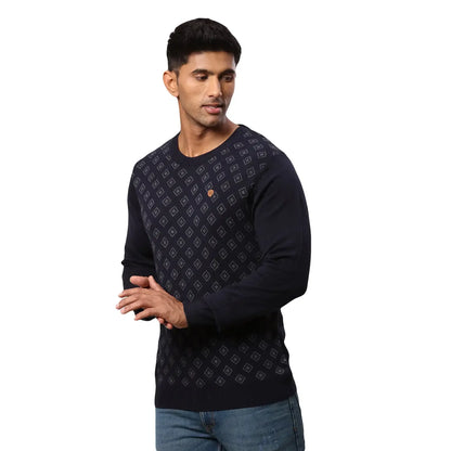 Men Blue Jacquard Acrylic Wool Blend Round Collar Sweaters