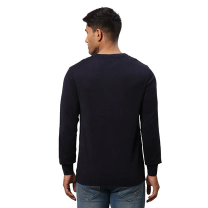 Men Blue Jacquard Acrylic Wool Blend Round Collar Sweaters