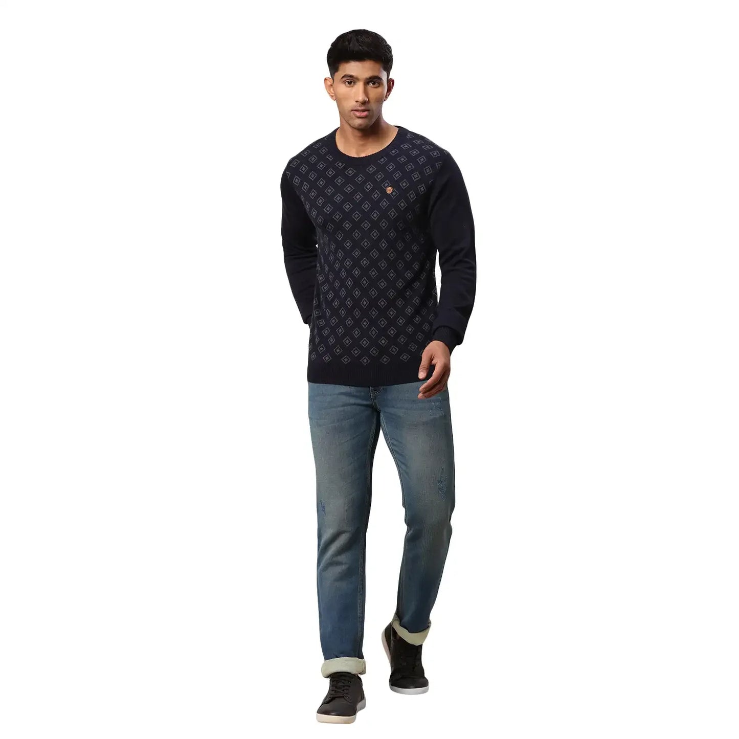 Men Blue Jacquard Acrylic Wool Blend Round Collar Sweaters