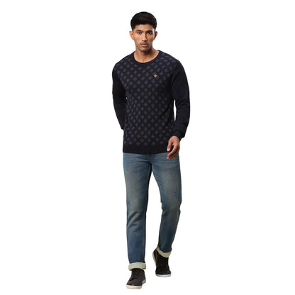 Men Blue Jacquard Acrylic Wool Blend Round Collar Sweaters