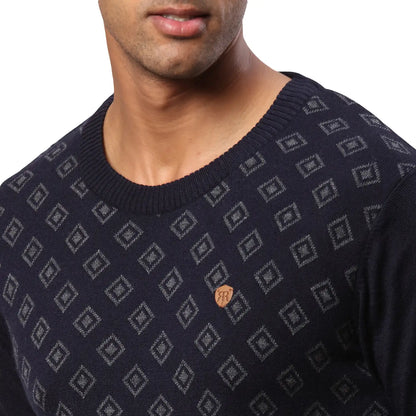 Men Blue Jacquard Acrylic Wool Blend Round Collar Sweaters