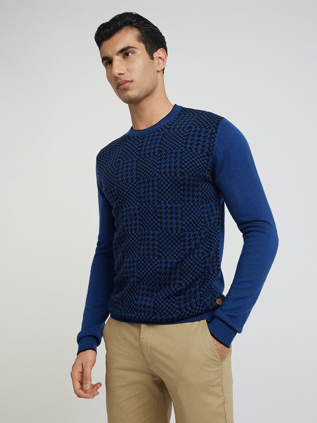 Men Blue Jacquard Acrylic Wool Blend Round Collar Sweaters