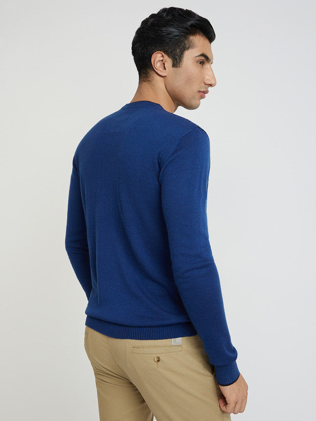 Men Blue Jacquard Acrylic Wool Blend Round Collar Sweaters