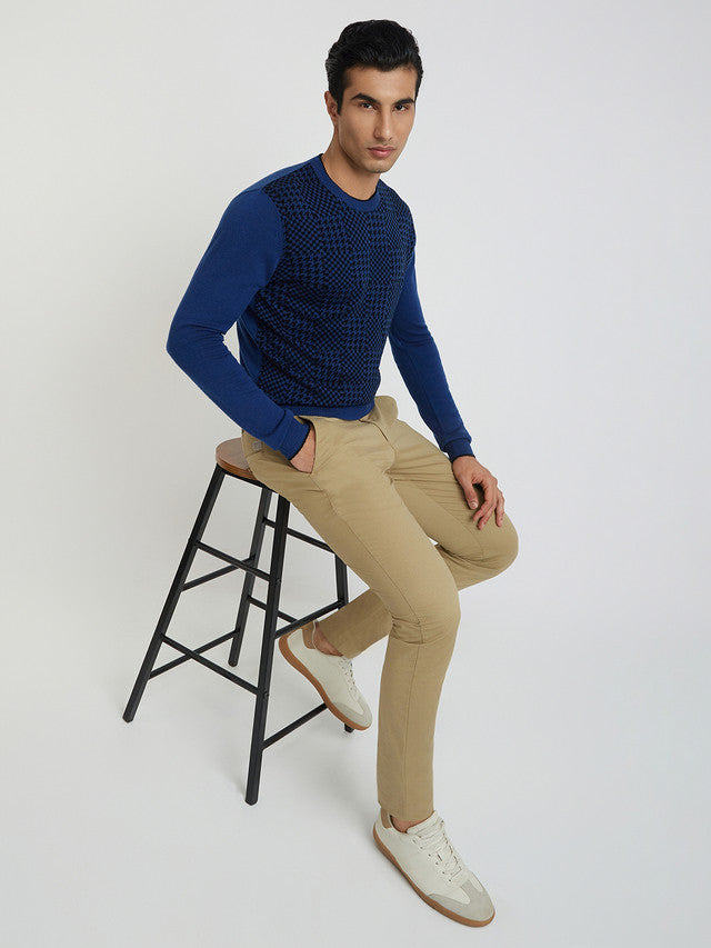Men Blue Jacquard Acrylic Wool Blend Round Collar Sweaters
