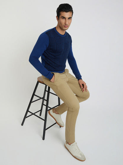 Men Blue Jacquard Acrylic Wool Blend Round Collar Sweaters