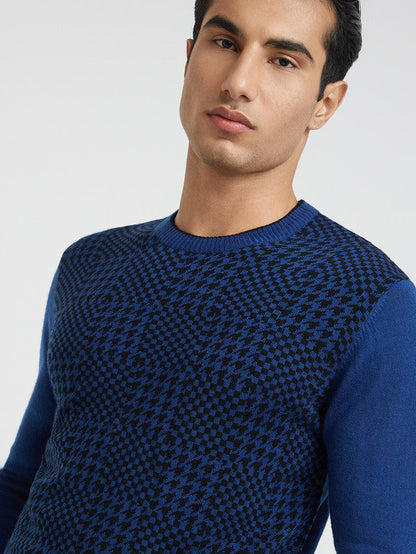 Men Blue Jacquard Acrylic Wool Blend Round Collar Sweaters