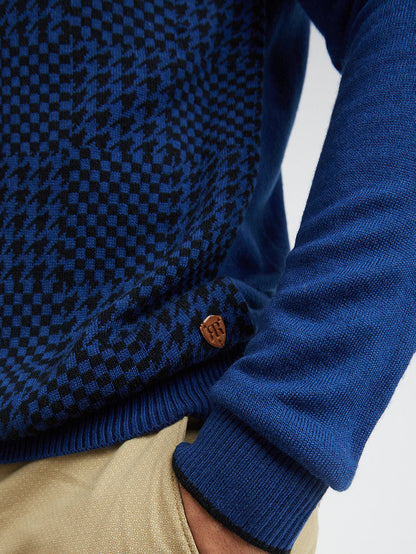 Men Blue Jacquard Acrylic Wool Blend Round Collar Sweaters