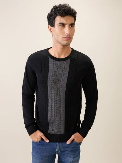 Raymond Men Black Structure Cable Acrlic Blend Full Sleeve Round Neck Collar Sweater