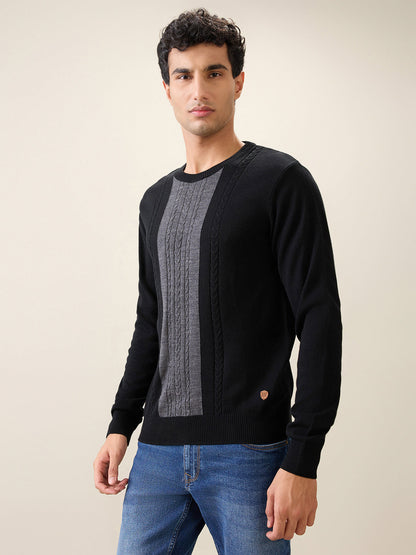 Raymond Men Black Structure Cable Acrlic Blend Full Sleeve Round Neck Collar Sweater