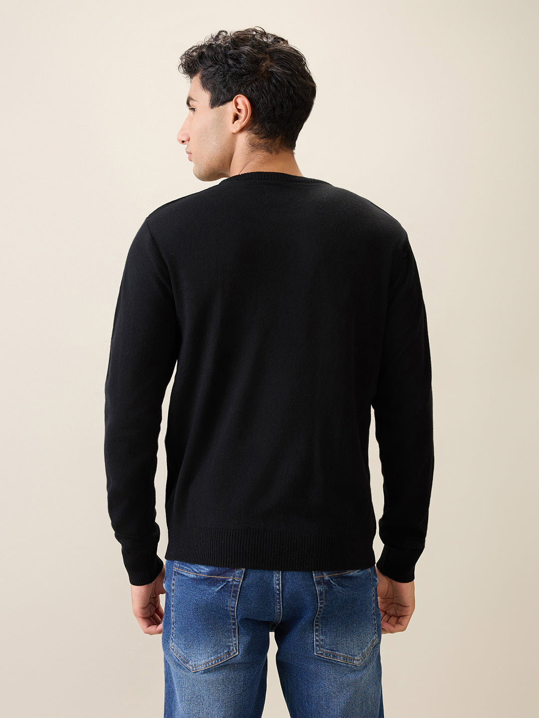 Raymond Men Black Structure Cable Acrlic Blend Full Sleeve Round Neck Collar Sweater