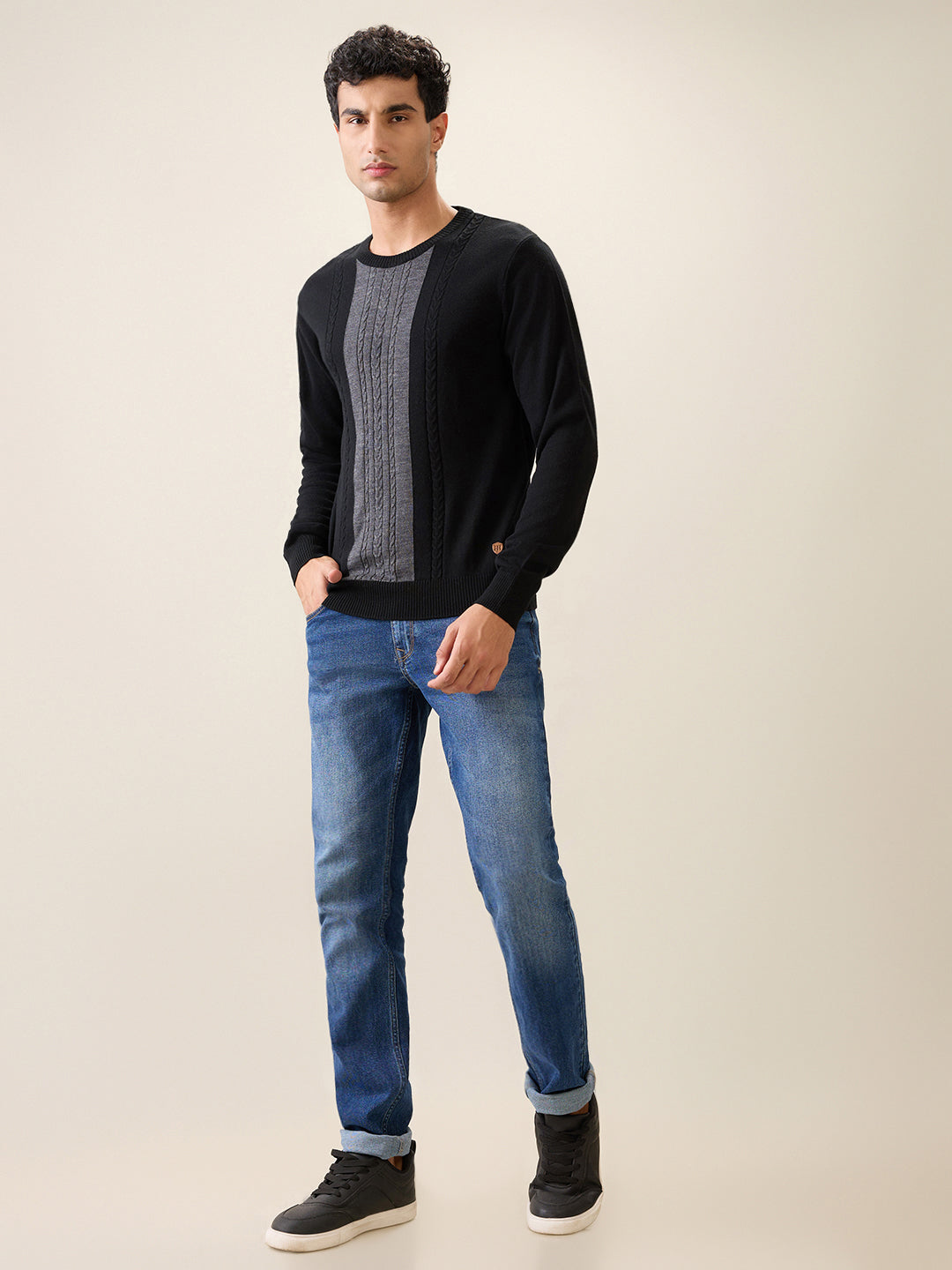 Raymond Men Black Structure Cable Acrlic Blend Full Sleeve Round Neck Collar Sweater