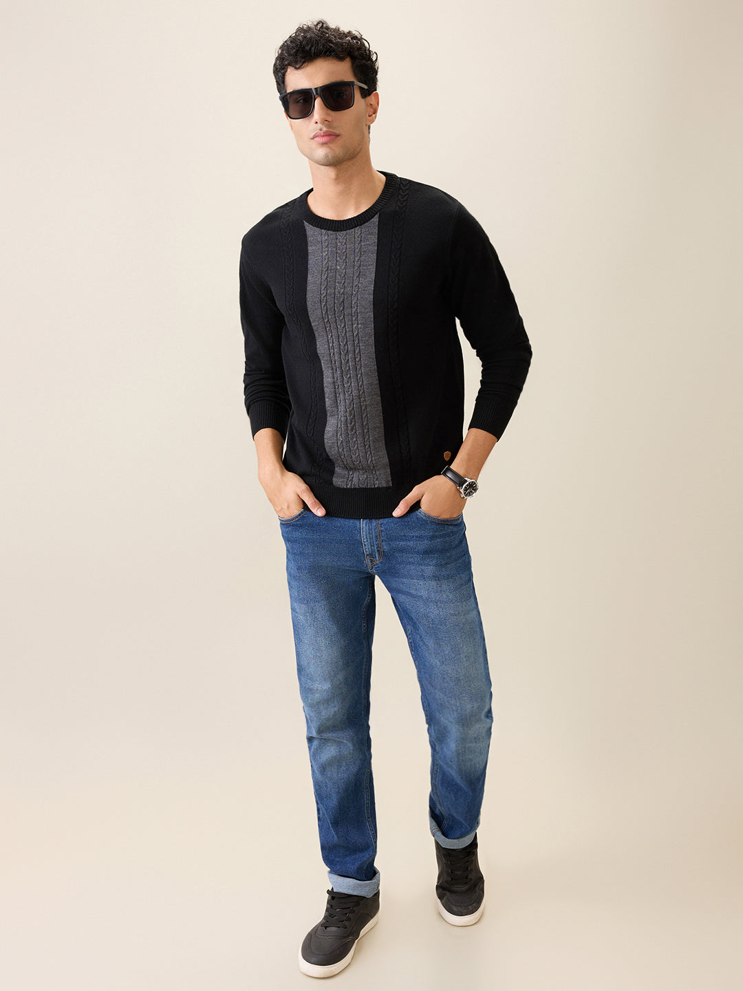 Raymond Men Black Structure Cable Acrlic Blend Full Sleeve Round Neck Collar Sweater