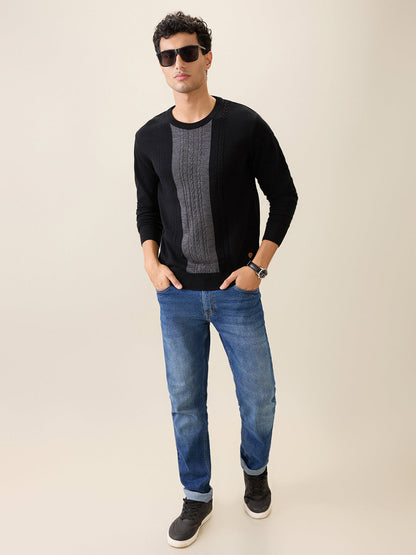 Raymond Men Black Structure Cable Acrlic Blend Full Sleeve Round Neck Collar Sweater
