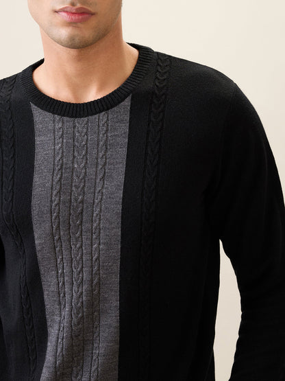 Raymond Men Black Structure Cable Acrlic Blend Full Sleeve Round Neck Collar Sweater