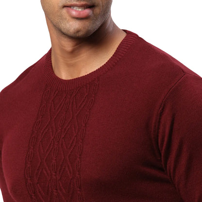 Men Maroon Structure Cable Acrylic Wool Blend Round Collar Sweaters