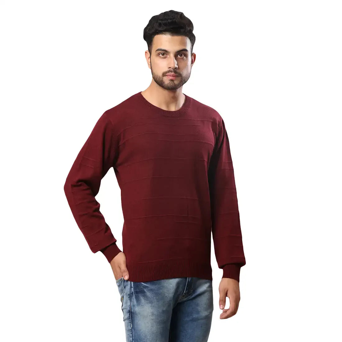 Raymond Men Maroon Structure Cable Acrylic Blend Full Sleeve Sweaters