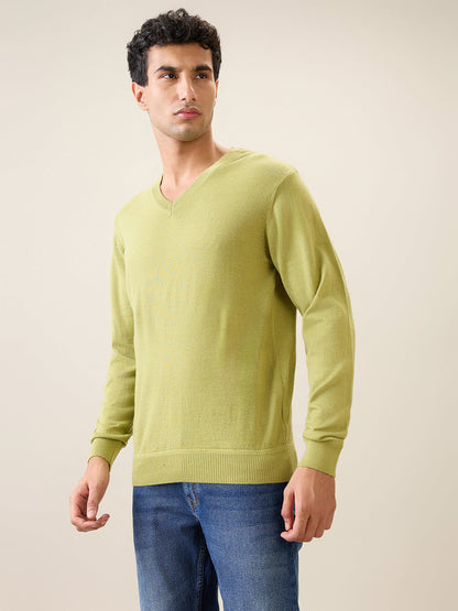 Raymond Men Green Solid Wool Blend Full Sleeve V Neck Collar Sweater