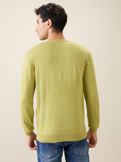 Raymond Men Green Solid Wool Blend Full Sleeve V Neck Collar Sweater