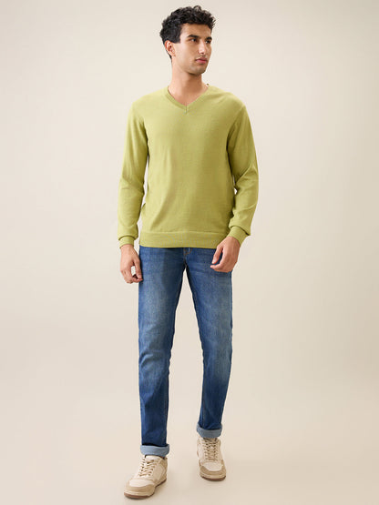 Raymond Men Green Solid Wool Blend Full Sleeve V Neck Collar Sweater