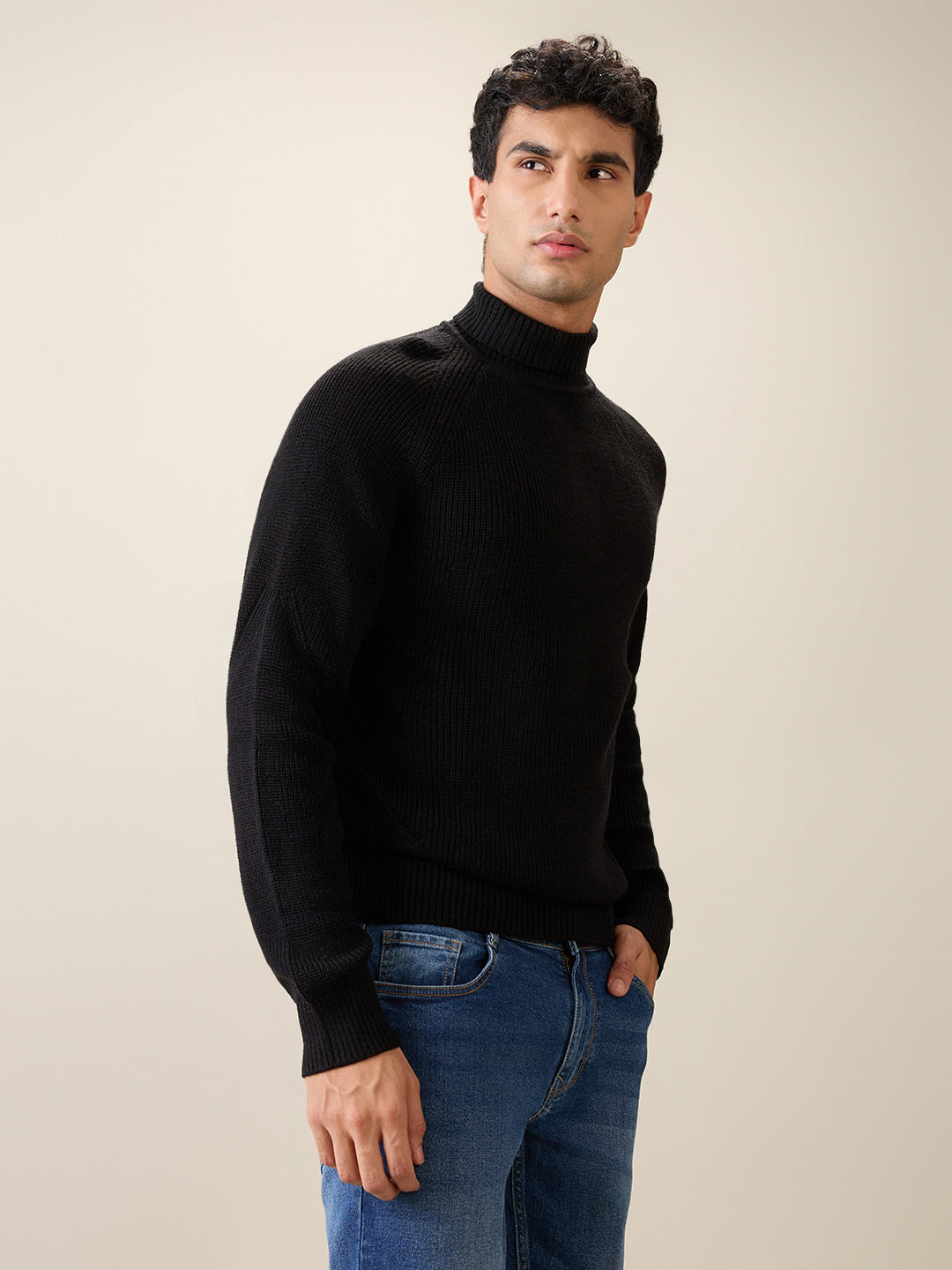 Raymond Men Black Structure Regular Fit Acro Blend Full Sleeve Turtle Neck Collar Sweater