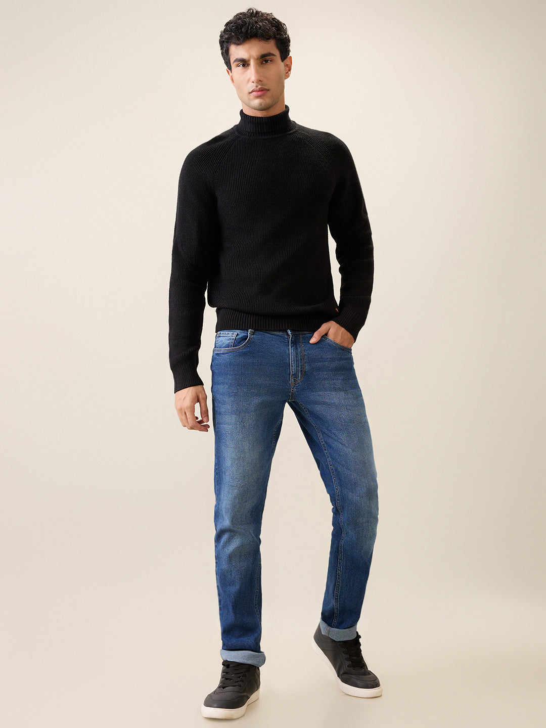 Raymond Men Black Structure Regular Fit Acro Blend Full Sleeve Turtle Neck Collar Sweater