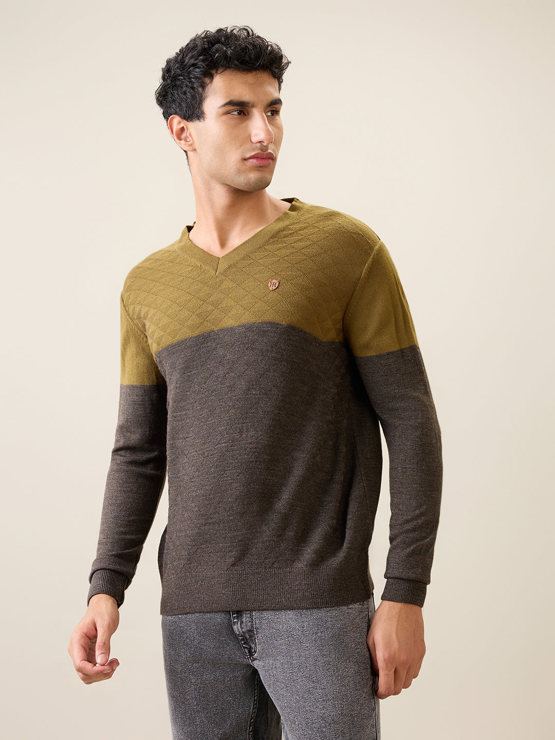 Raymond Men Green Structure Acrylic Full Sleeve V Neck Collar Sweater