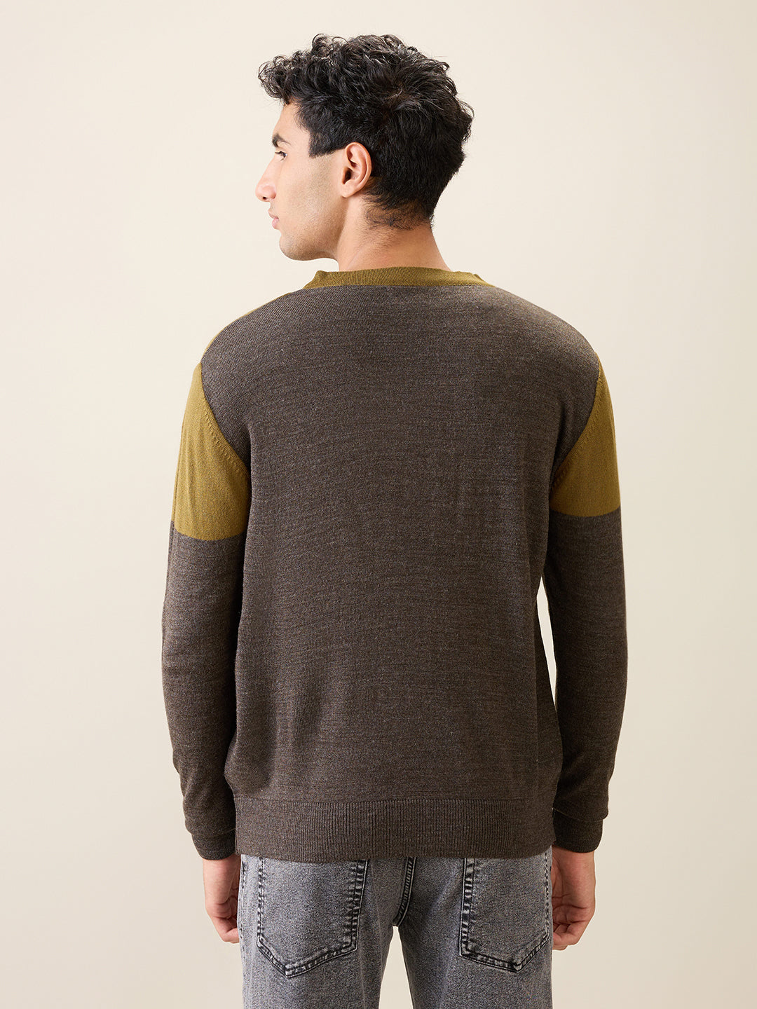 Raymond Men Green Structure Acrylic Full Sleeve V Neck Collar Sweater