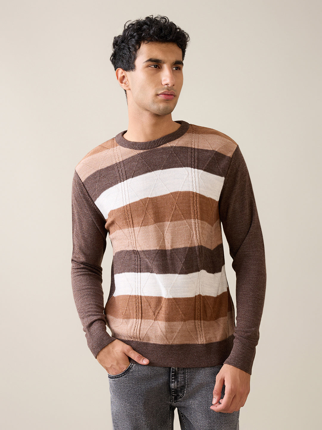 Raymond Men Brown Stripe Acrylic Full Sleeve Round Neck Collar Sweater