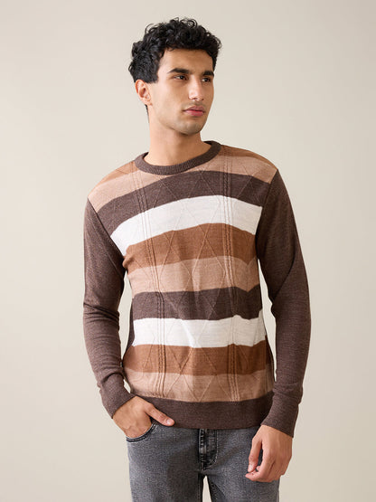 Raymond Men Brown Stripe Acrylic Full Sleeve Round Neck Collar Sweater