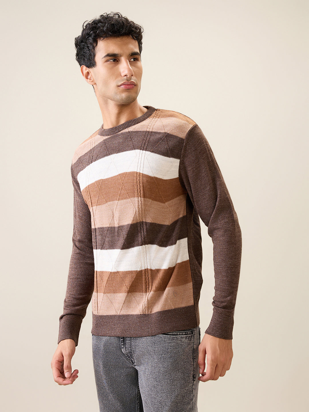 Raymond Men Brown Stripe Acrylic Full Sleeve Round Neck Collar Sweater