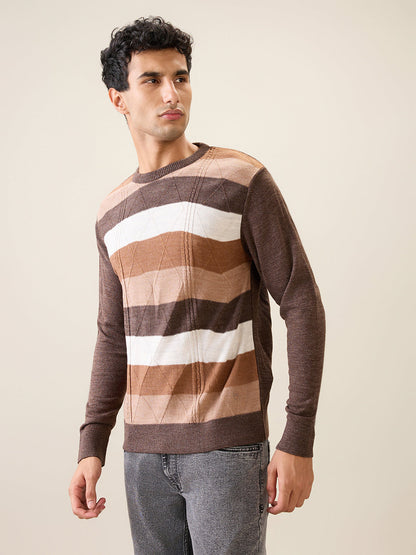 Raymond Men Brown Stripe Acrylic Full Sleeve Round Neck Collar Sweater