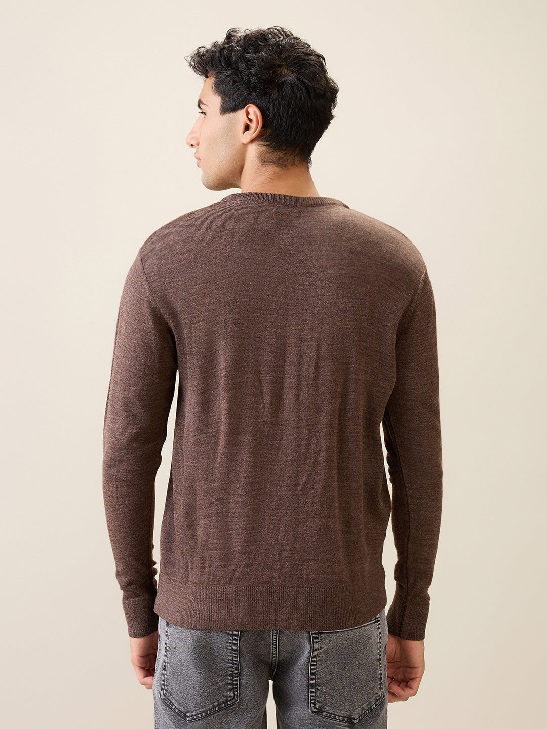 Raymond Men Brown Stripe Acrylic Full Sleeve Round Neck Collar Sweater