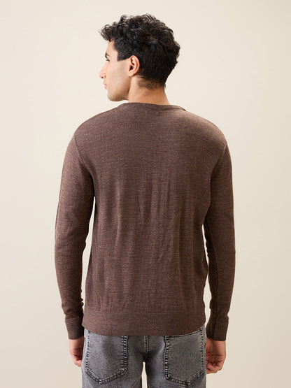 Raymond Men Brown Stripe Acrylic Full Sleeve Round Neck Collar Sweater