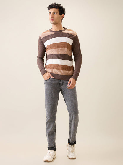 Raymond Men Brown Stripe Acrylic Full Sleeve Round Neck Collar Sweater