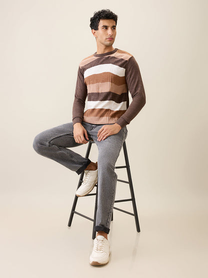 Raymond Men Brown Stripe Acrylic Full Sleeve Round Neck Collar Sweater