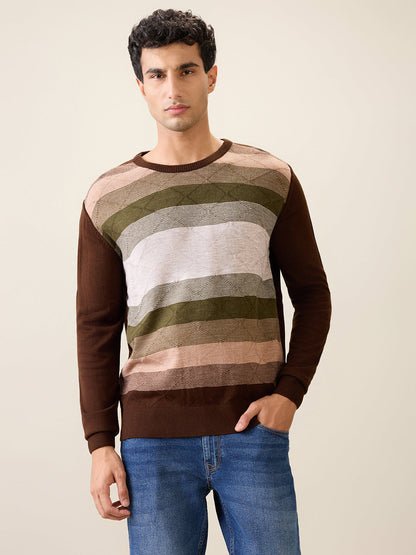 Raymond Men Green Stripe Acrylic Full Sleeve Round Neck Collar Sweater