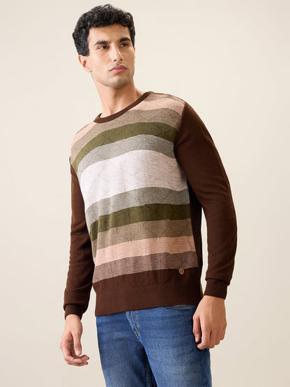 Raymond Men Green Stripe Acrylic Full Sleeve Round Neck Collar Sweater