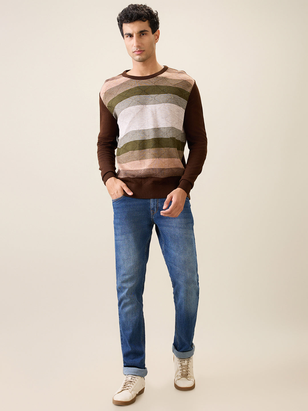Raymond Men Green Stripe Acrylic Full Sleeve Round Neck Collar Sweater