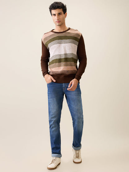 Raymond Men Green Stripe Acrylic Full Sleeve Round Neck Collar Sweater