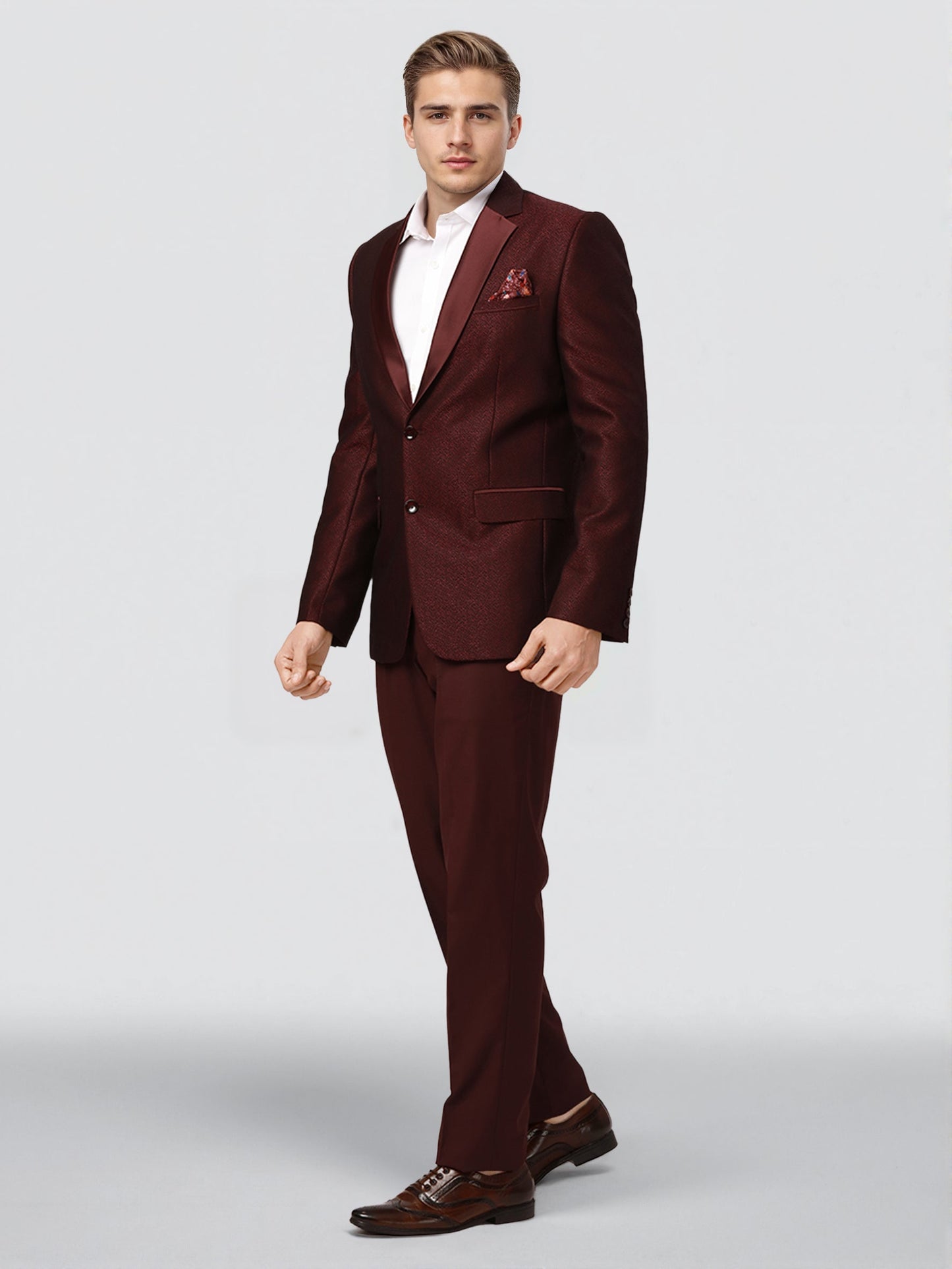 Ethnix by Raymond Men Wine Jacquard Tailored fit Polyster Blend Suit
