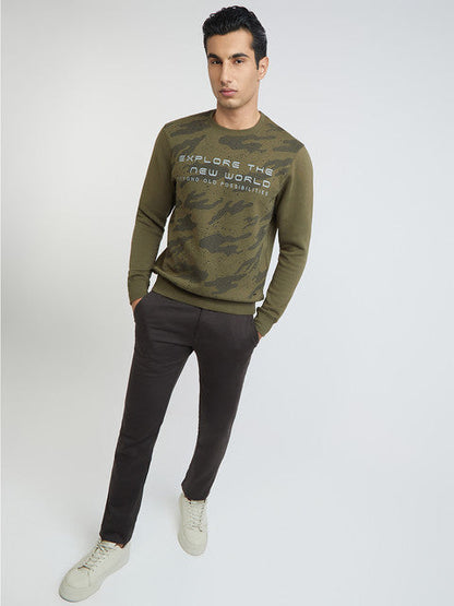 Men Green Regular Fit Print Cotton Polyester Blend Sweatshirts