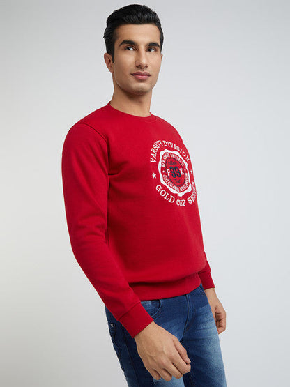 Men Red Regular Fit Embroidery Graphic Cotton Polyester Blend Sweatshirts