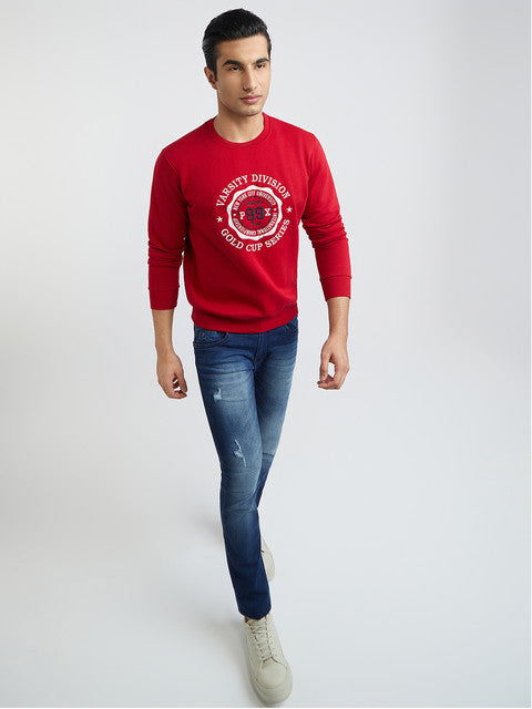 Men Red Regular Fit Embroidery Graphic Cotton Polyester Blend Sweatshirts